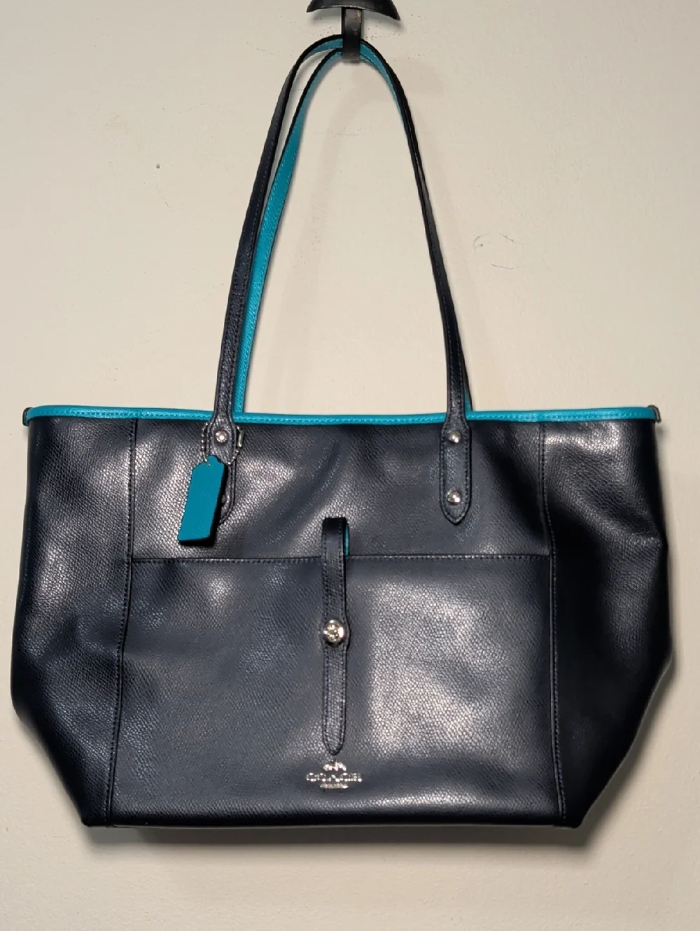 Coach Ava Tote in Midnight Atlantic Navy Turquoise Crossgrain Leather + Pouch - Picture 1 of 13